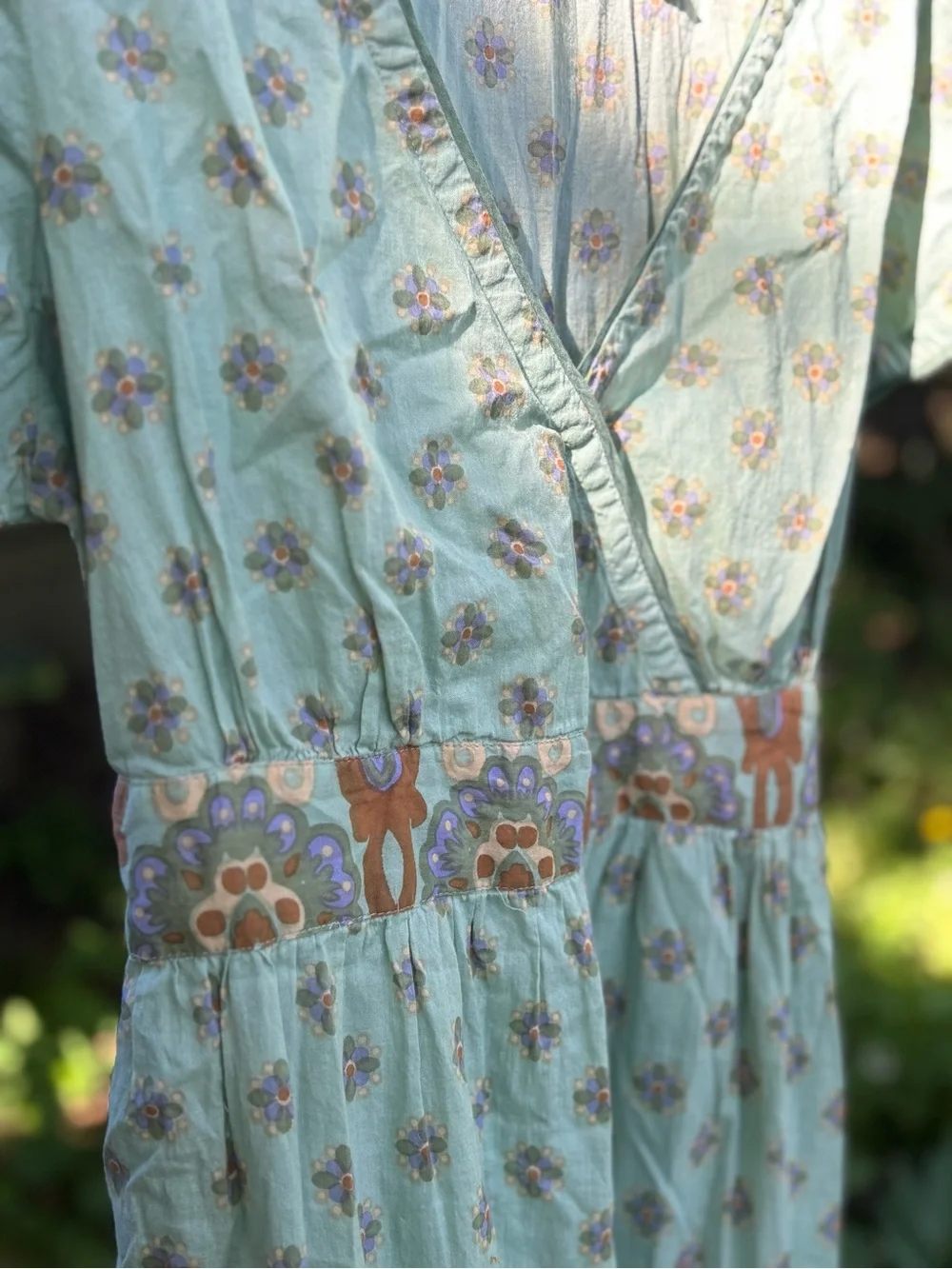 April Cornell Faux Wrap Mint Green Boho Printed Maxi Dress | 100% Cotton - Picture 3 of 8
